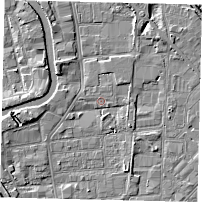Shaded relief map of the ground around HU87BF, computed from Environment Agency LiDAR. The ground here sits at about 2 m above sea level and falls 8 m across the surrounding 800 m. Surface water reaching this point runs off ground lying to the south, 2.1 m higher.