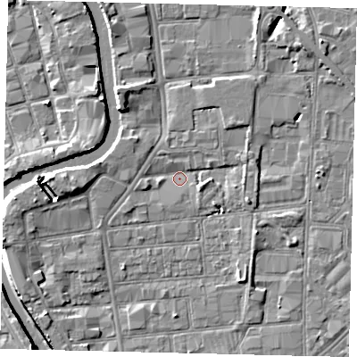 Shaded relief map of the ground around HU87BG, computed from Environment Agency LiDAR. The ground here sits at about 2 m above sea level and falls 7 m across the surrounding 800 m. Surface water reaching this point runs off ground lying to the east-south-east, 2.1 m higher.