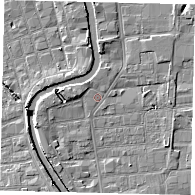 Shaded relief map of the ground around HU87BJ, computed from Environment Agency LiDAR. The ground here sits at about 3 m above sea level and falls 7 m across the surrounding 800 m. Surface water reaching this point runs off ground lying to the north-west, 0.7 m higher.