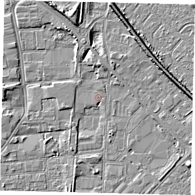 Shaded relief map of the ground around HU87DS, computed from Environment Agency LiDAR. The ground here sits at about 2 m above sea level and falls 8 m across the surrounding 800 m. Surface water reaching this point runs off ground lying to the south-south-west, 3.6 m higher.