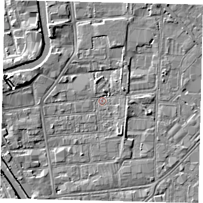Shaded relief map of the ground around HU87EB, computed from Environment Agency LiDAR. The ground here sits at about 2 m above sea level and falls 7 m across the surrounding 800 m. Surface water reaching this point runs off ground lying to the south-west, 3.9 m higher.