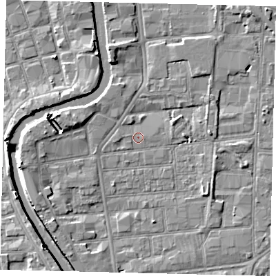 Shaded relief map of the ground around HU87ED, computed from Environment Agency LiDAR. The ground here sits at about 3 m above sea level and falls 7 m across the surrounding 800 m. Surface water reaching this point runs off ground lying to the west-south-west, 4.7 m higher.