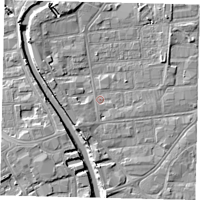 Shaded relief map of the ground around HU87EX, computed from Environment Agency LiDAR. The ground here sits at about 3 m above sea level and falls 8 m across the surrounding 800 m. Surface water reaching this point runs off ground lying to the east-north-east, 2.1 m higher.