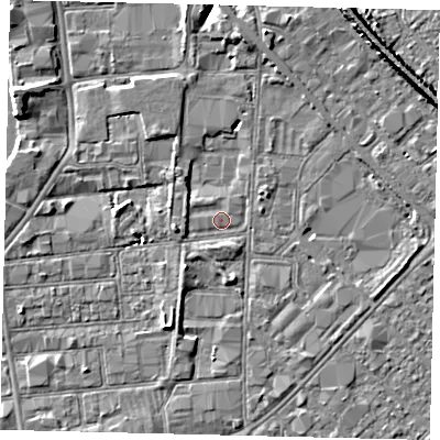 Shaded relief map of the ground around HU87FB, computed from Environment Agency LiDAR. The ground here sits at about 2 m above sea level and falls 7 m across the surrounding 800 m. Surface water reaching this point runs off ground lying to the south-west, 2.1 m higher.