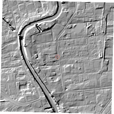 Shaded relief map of the ground around HU87HB, computed from Environment Agency LiDAR. The ground here sits at about 2 m above sea level and falls 8 m across the surrounding 800 m. Surface water reaching this point runs off ground lying to the south, 4.1 m higher.