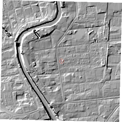Shaded relief map of the ground around HU87HE, computed from Environment Agency LiDAR. The ground here sits at about 2 m above sea level and falls 8 m across the surrounding 800 m. Surface water reaching this point runs off ground lying to the south-south-west, 4.1 m higher.