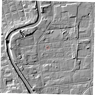 Shaded relief map of the ground around HU87HG, computed from Environment Agency LiDAR. The ground here sits at about 3 m above sea level and falls 7 m across the surrounding 800 m. Surface water reaching this point runs off ground lying to the south-south-west, 4.1 m higher.