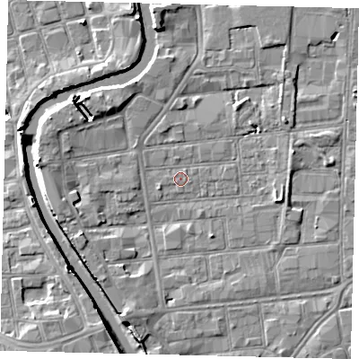 Shaded relief map of the ground around HU87HH, computed from Environment Agency LiDAR. The ground here sits at about 3 m above sea level and falls 8 m across the surrounding 800 m. Surface water reaching this point runs off ground lying to the south-south-west, 4.1 m higher.