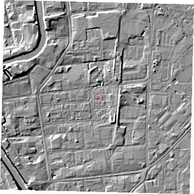 Shaded relief map of the ground around HU87HL, computed from Environment Agency LiDAR. The ground here sits at about 2 m above sea level and falls 7 m across the surrounding 800 m. Surface water reaching this point runs off ground lying to the south-west, 0.6 m higher.