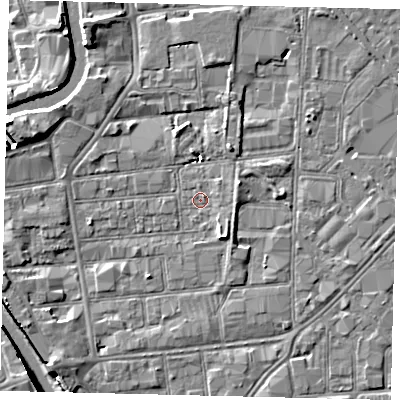 Shaded relief map of the ground around HU87HN, computed from Environment Agency LiDAR. The ground here sits at about 2 m above sea level and falls 7 m across the surrounding 800 m. Surface water reaching this point runs off ground lying to the south-south-east, 2.2 m higher.