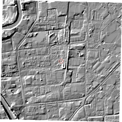 Shaded relief map of the ground around HU87HP, computed from Environment Agency LiDAR. The ground here sits at about 3 m above sea level and falls 8 m across the surrounding 800 m. Surface water reaching this point runs off ground lying to the south-south-east, 2.2 m higher.