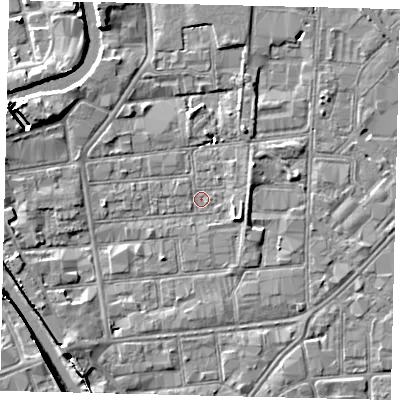 Shaded relief map of the ground around HU87HR, computed from Environment Agency LiDAR. The ground here sits at about 2 m above sea level and falls 8 m across the surrounding 800 m. Surface water reaching this point runs off ground lying to the east-south-east, 2.9 m higher.