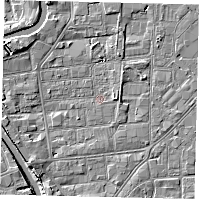 Shaded relief map of the ground around HU87HS, computed from Environment Agency LiDAR. The ground here sits at about 2 m above sea level and falls 8 m across the surrounding 800 m. Surface water reaching this point runs off ground lying to the east, 2.1 m higher.