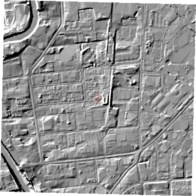 Shaded relief map of the ground around HU87HT, computed from Environment Agency LiDAR. The ground here sits at about 2 m above sea level and falls 8 m across the surrounding 800 m. Surface water reaching this point runs off ground lying to the south-east, 2.1 m higher.