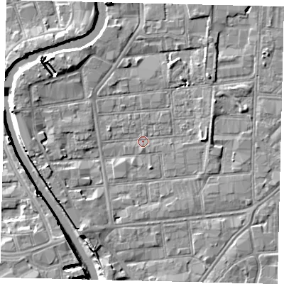 Shaded relief map of the ground around HU87HU, computed from Environment Agency LiDAR. The ground here sits at about 2 m above sea level and falls 8 m across the surrounding 800 m. Surface water reaching this point runs off ground lying to the south-south-west, 4.1 m higher.
