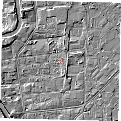 Shaded relief map of the ground around HU87HW, computed from Environment Agency LiDAR. The ground here sits at about 3 m above sea level and falls 7 m across the surrounding 800 m. Surface water reaching this point runs off ground lying to the south, 2.9 m higher.