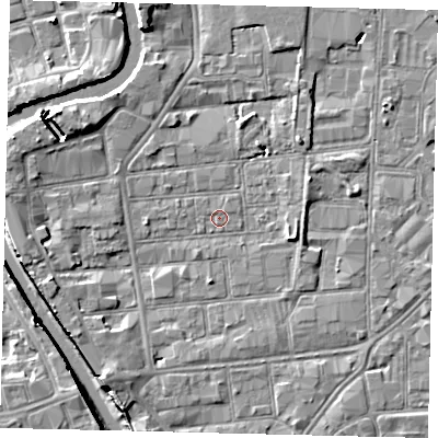 Shaded relief map of the ground around HU87HX, computed from Environment Agency LiDAR. The ground here sits at about 2 m above sea level and falls 8 m across the surrounding 800 m. Surface water reaching this point runs off ground lying to the south-west, 4.5 m higher.