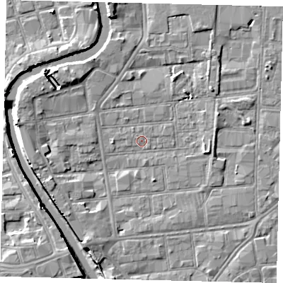 Shaded relief map of the ground around HU87HY, computed from Environment Agency LiDAR. The ground here sits at about 2 m above sea level and falls 8 m across the surrounding 800 m. Surface water reaching this point runs off ground lying to the south-south-west, 4.1 m higher.