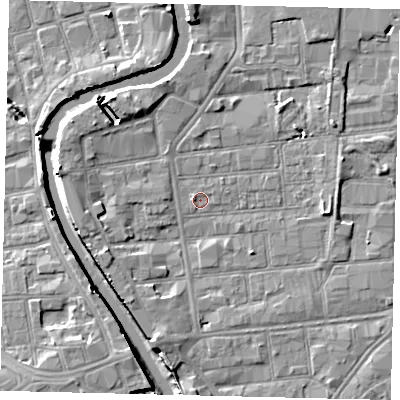 Shaded relief map of the ground around HU87JA, computed from Environment Agency LiDAR. The ground here sits at about 2 m above sea level and falls 8 m across the surrounding 800 m. Surface water reaching this point runs off ground lying to the south-south-west, 4.1 m higher.