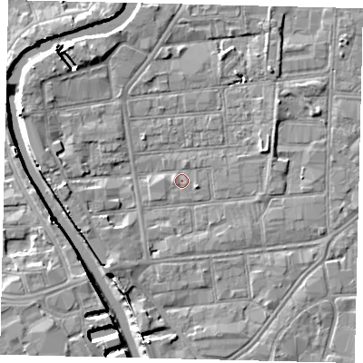 Shaded relief map of the ground around HU87JB, computed from Environment Agency LiDAR. The ground here sits at about 2 m above sea level and falls 8 m across the surrounding 800 m. Surface water reaching this point runs off ground lying to the east-north-east, 2.3 m higher.