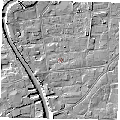 Shaded relief map of the ground around HU87JH, computed from Environment Agency LiDAR. The ground here sits at about 2 m above sea level and falls 8 m across the surrounding 800 m. Surface water reaching this point runs off ground lying to the north-east, 2.1 m higher.