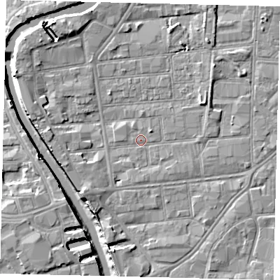 Shaded relief map of the ground around HU87JJ, computed from Environment Agency LiDAR. The ground here sits at about 2 m above sea level and falls 8 m across the surrounding 800 m. Surface water reaching this point runs off ground lying to the east-north-east, 2.3 m higher.
