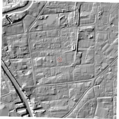 Shaded relief map of the ground around HU87JQ, computed from Environment Agency LiDAR. The ground here sits at about 3 m above sea level and falls 8 m across the surrounding 800 m. Surface water reaching this point runs off ground lying to the east-north-east, 2.1 m higher.