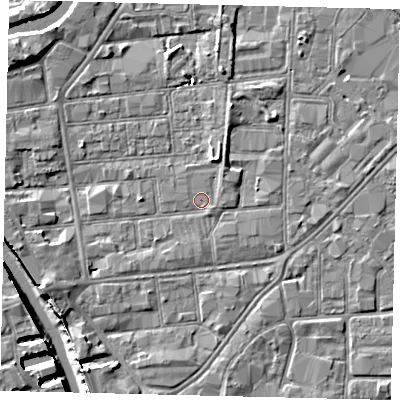 Shaded relief map of the ground around HU87JR, computed from Environment Agency LiDAR. The ground here sits at about 3 m above sea level and falls 8 m across the surrounding 800 m. Surface water reaching this point runs off ground lying to the north-north-east, 2.1 m higher.