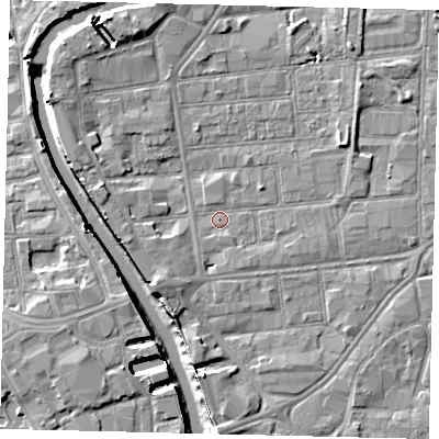 Shaded relief map of the ground around HU87JU, computed from Environment Agency LiDAR. The ground here sits at about 2 m above sea level and falls 8 m across the surrounding 800 m. Surface water reaching this point runs off ground lying to the east-north-east, 2.1 m higher.