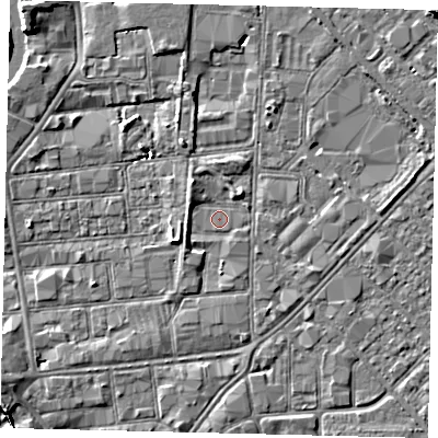 Shaded relief map of the ground around HU87LA, computed from Environment Agency LiDAR. The ground here sits at about 2 m above sea level and falls 9 m across the surrounding 800 m. Surface water reaching this point runs off ground lying to the west-north-west, 1.5 m higher.