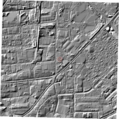 Shaded relief map of the ground around HU87LB, computed from Environment Agency LiDAR. The ground here sits at about 3 m above sea level and falls 4 m across the surrounding 800 m. Surface water reaching this point runs off ground lying to the south-south-east, 0.7 m higher.