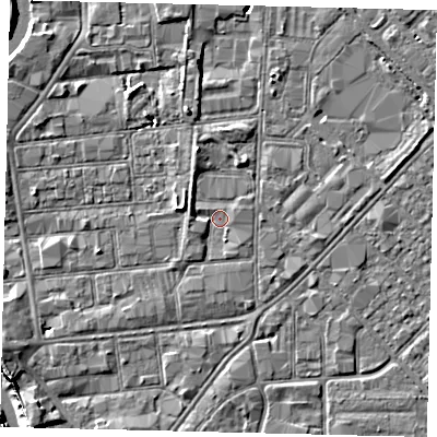 Shaded relief map of the ground around HU87LD, computed from Environment Agency LiDAR. The ground here sits at about 2 m above sea level and falls 7 m across the surrounding 800 m. Surface water reaching this point runs off ground lying to the west-north-west, 1.3 m higher.