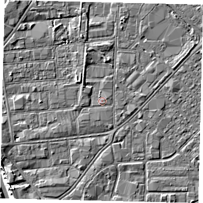 Shaded relief map of the ground around HU87LE, computed from Environment Agency LiDAR. The ground here sits at about 3 m above sea level and falls 7 m across the surrounding 800 m. Surface water reaching this point runs off ground lying to the south, 0.7 m higher.