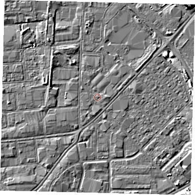 Shaded relief map of the ground around HU87LG, computed from Environment Agency LiDAR. The ground here sits at about 3 m above sea level and falls 7 m across the surrounding 800 m. Surface water reaching this point runs off ground lying to the south-west, 1.5 m higher.