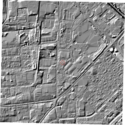 Shaded relief map of the ground around HU87LL, computed from Environment Agency LiDAR. The ground here sits at about 3 m above sea level and falls 8 m across the surrounding 800 m. Surface water reaching this point runs off ground lying to the south-east, 1.0 m higher.