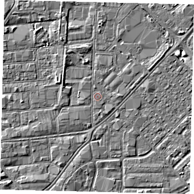 Shaded relief map of the ground around HU87LN, computed from Environment Agency LiDAR. The ground here sits at about 3 m above sea level and falls 4 m across the surrounding 800 m. The ground contributing surface water to this point lies to the south.