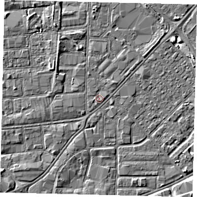 Shaded relief map of the ground around HU87NA, computed from Environment Agency LiDAR. The ground here sits at about 2 m above sea level and falls 5 m across the surrounding 800 m. Surface water reaching this point runs off ground lying to the south-west, 1.6 m higher.