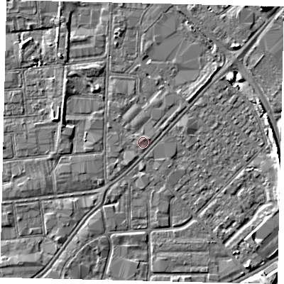 Shaded relief map of the ground around HU87NE, computed from Environment Agency LiDAR. The ground here sits at about 3 m above sea level and falls 7 m across the surrounding 800 m. Surface water reaching this point runs off ground lying to the north-east, 0.7 m higher.