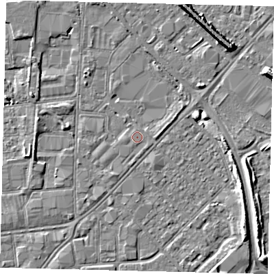 Shaded relief map of the ground around HU87NX, computed from Environment Agency LiDAR. The ground here sits at about 3 m above sea level and falls 8 m across the surrounding 800 m. Surface water reaching this point runs off ground lying to the east-north-east, 0.9 m higher.