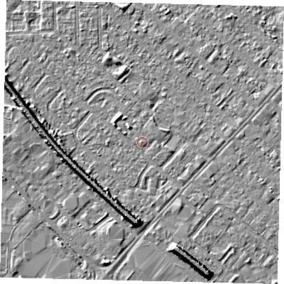 Shaded relief map of the ground around HU87RL, computed from Environment Agency LiDAR. The ground here sits at about 3 m above sea level and falls 7 m across the surrounding 800 m. Surface water reaching this point runs off ground lying to the south, 5.6 m higher.