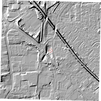 Shaded relief map of the ground around HU87RP, computed from Environment Agency LiDAR. The ground here sits at about 2 m above sea level and falls 9 m across the surrounding 800 m. Surface water reaching this point runs off ground lying to the west-south-west, 3.4 m higher.