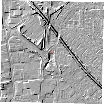 Shaded relief map of the ground around HU87RR, computed from Environment Agency LiDAR. The ground here sits at about 2 m above sea level and falls 9 m across the surrounding 800 m. Surface water reaching this point runs off ground lying to the south-south-west, 3.4 m higher.