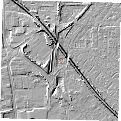 Shaded relief map of the ground around HU87RU, computed from Environment Agency LiDAR. The ground here sits at about 2 m above sea level and falls 9 m across the surrounding 800 m. Surface water reaching this point runs off ground lying to the north, 6.9 m higher.
