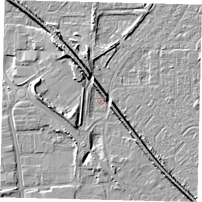 Shaded relief map of the ground around HU87RZ, computed from Environment Agency LiDAR. The ground here sits at about 2 m above sea level and falls 9 m across the surrounding 800 m. Surface water reaching this point runs off ground lying to the north-north-west, 6.9 m higher.
