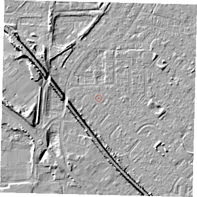 Shaded relief map of the ground around HU87SA, computed from Environment Agency LiDAR. The ground here sits at about 2 m above sea level and falls 9 m across the surrounding 800 m. Surface water reaching this point runs off ground lying to the south-south-east, 5.5 m higher.