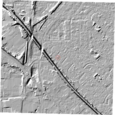 Shaded relief map of the ground around HU87SD, computed from Environment Agency LiDAR. The ground here sits at about 2 m above sea level and falls 9 m across the surrounding 800 m. Surface water reaching this point runs off ground lying to the west, 5.3 m higher.
