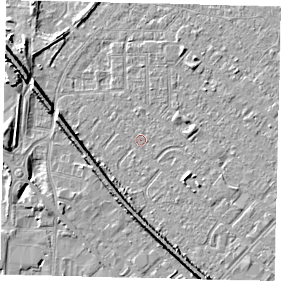 Shaded relief map of the ground around HU87SF, computed from Environment Agency LiDAR. The ground here sits at about 2 m above sea level and falls 9 m across the surrounding 800 m. Surface water reaching this point runs off ground lying to the south-south-east, 5.9 m higher.