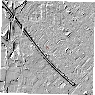 Shaded relief map of the ground around HU87SG, computed from Environment Agency LiDAR. The ground here sits at about 2 m above sea level and falls 9 m across the surrounding 800 m. Surface water reaching this point runs off ground lying to the south-east, 5.8 m higher.