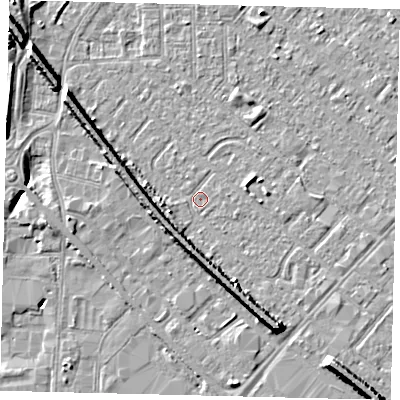 Shaded relief map of the ground around HU87SH, computed from Environment Agency LiDAR. The ground here sits at about 2 m above sea level and falls 9 m across the surrounding 800 m. Surface water reaching this point runs off ground lying to the south-south-east, 5.8 m higher.