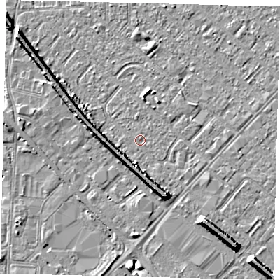 Shaded relief map of the ground around HU87SJ, computed from Environment Agency LiDAR. The ground here sits at about 2 m above sea level and falls 7 m across the surrounding 800 m. Surface water reaching this point runs off ground lying to the south-south-east, 5.5 m higher.